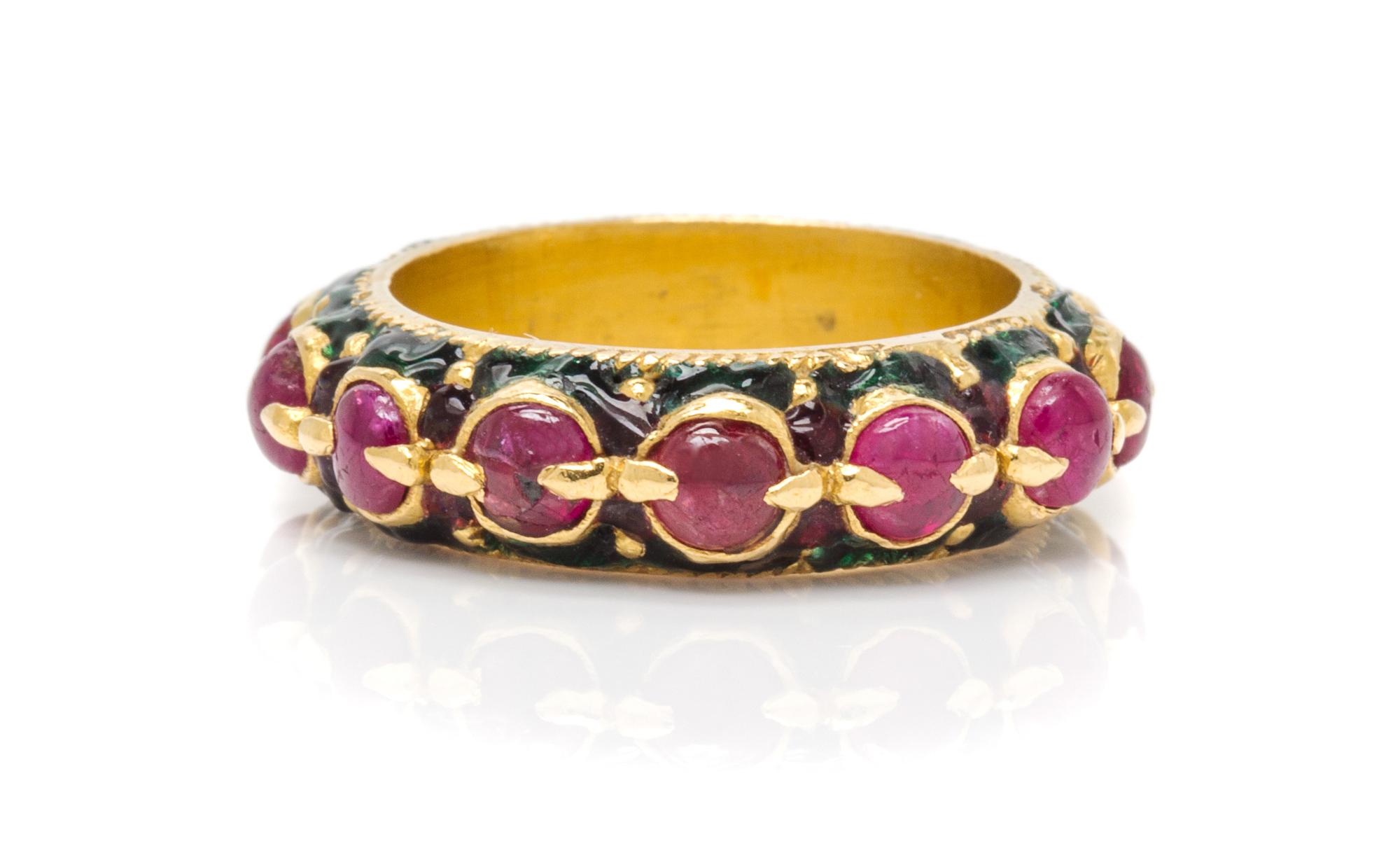A High Karat Yellow Gold, Ruby and Enamel Band, 4.80 dwts.