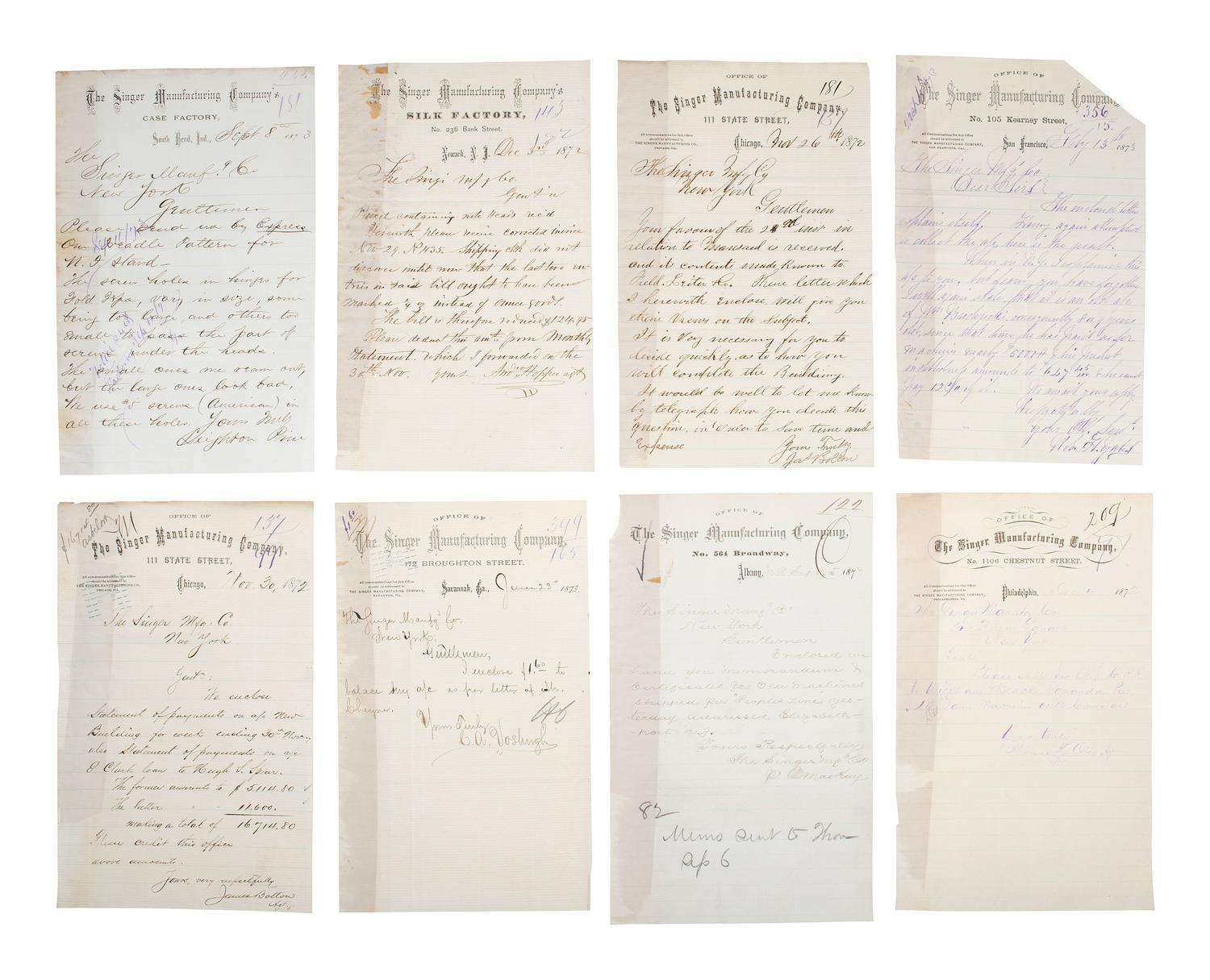 [BUSINESS & INDUSTRY]. Extensive manuscript archive involving the Singer Manufacturing Company and associated employees, agents, manufacturers, and clients.