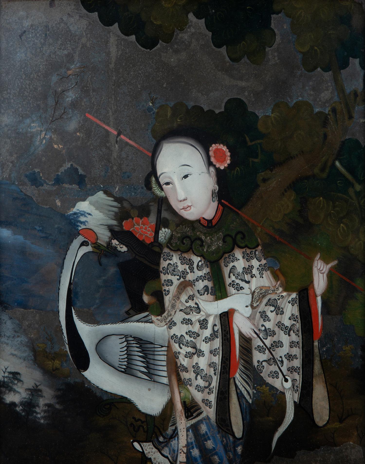 A Chinese Export Reverse Painted Glass Mirror — 20TH CENTURY