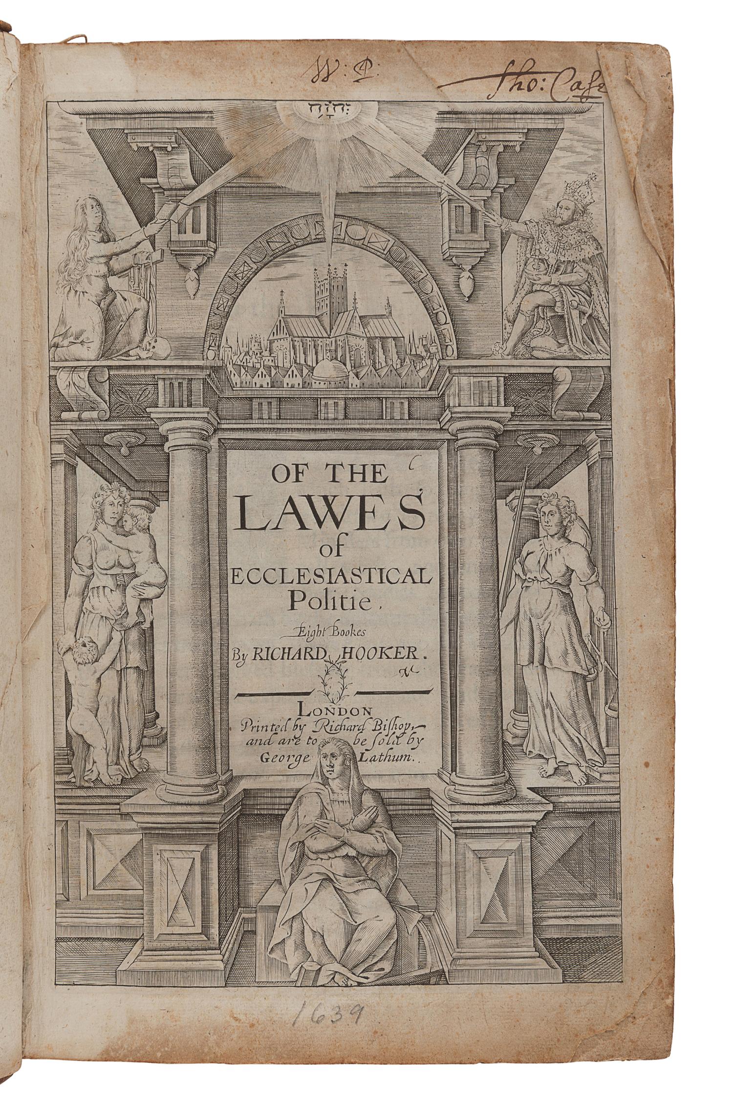 HOOKER, Richard (1554?-1600). Of the Lawes of Ecclesiastical Politie. London: Richard Bishop, [1639].
