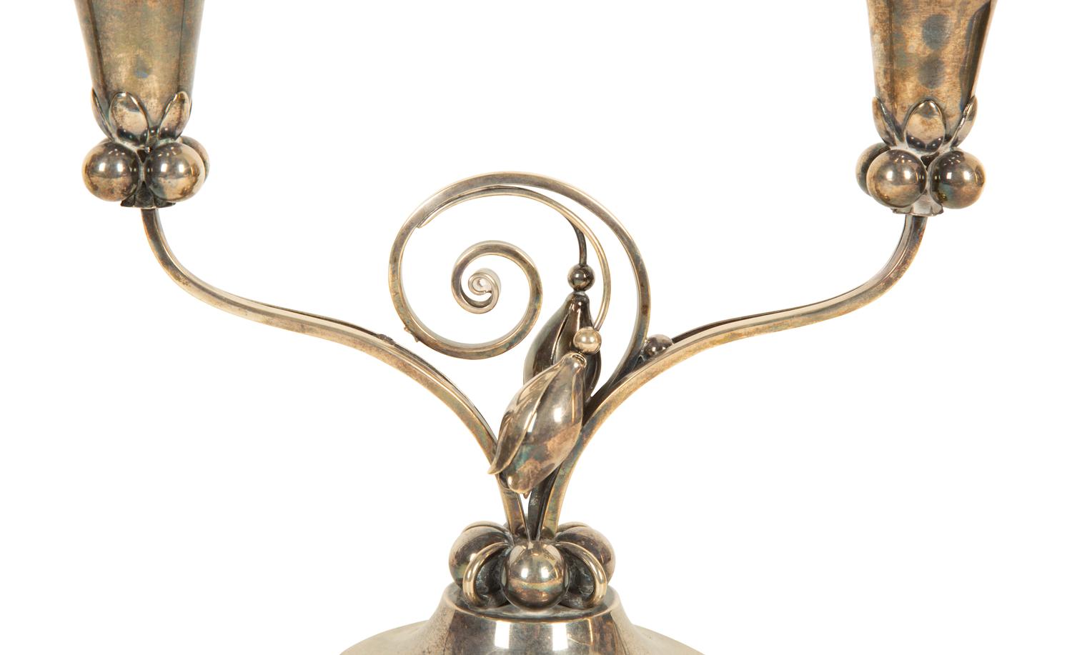 A Pair of Georg Jensen Silver Two-Light Candelabra