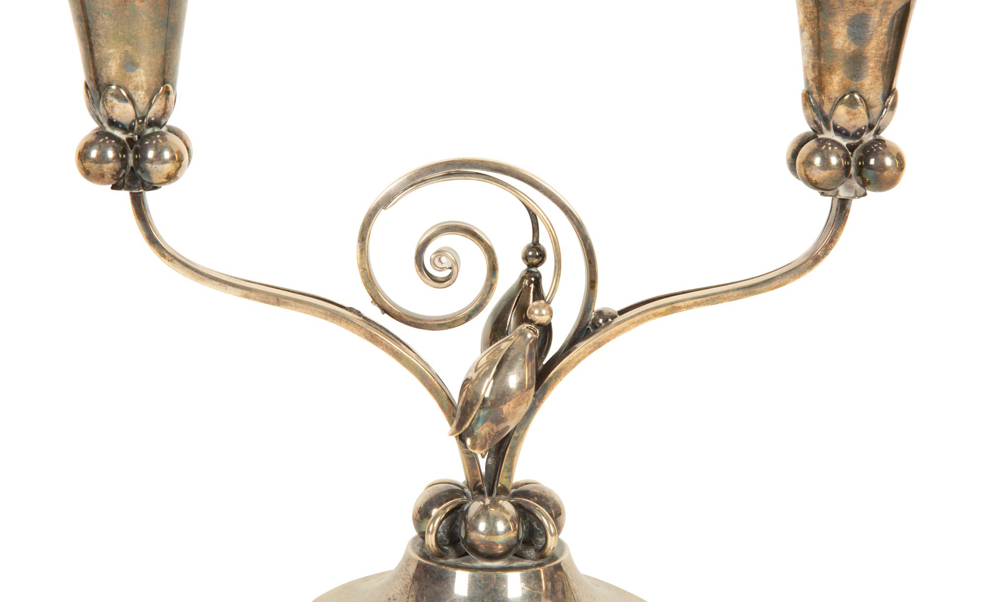 A Pair of Georg Jensen Silver Two-Light Candelabra
