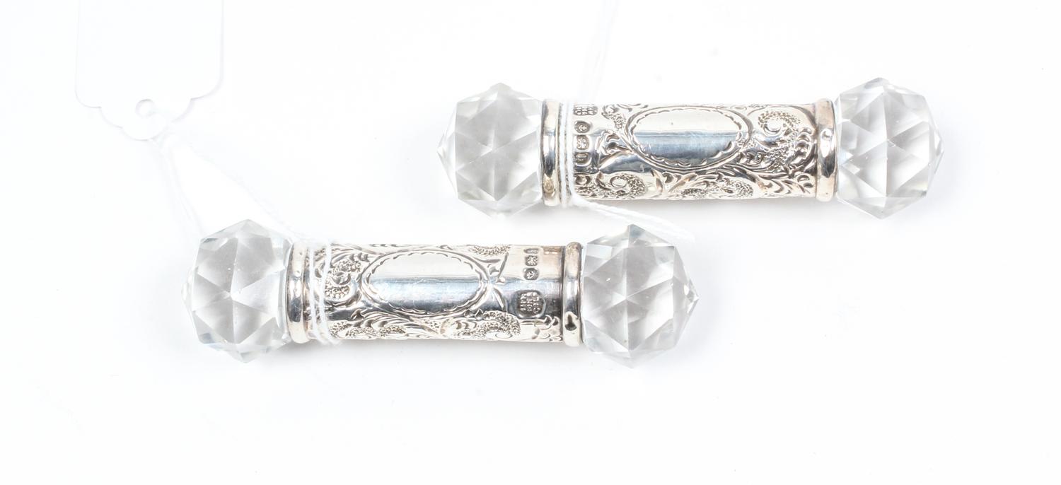 A Pair of Edwardian Silver and Cut Glass Knife Rests, J. B. Chatterley & Sons Ltd., Birmingham, 1907, the poles decorated with cut glas