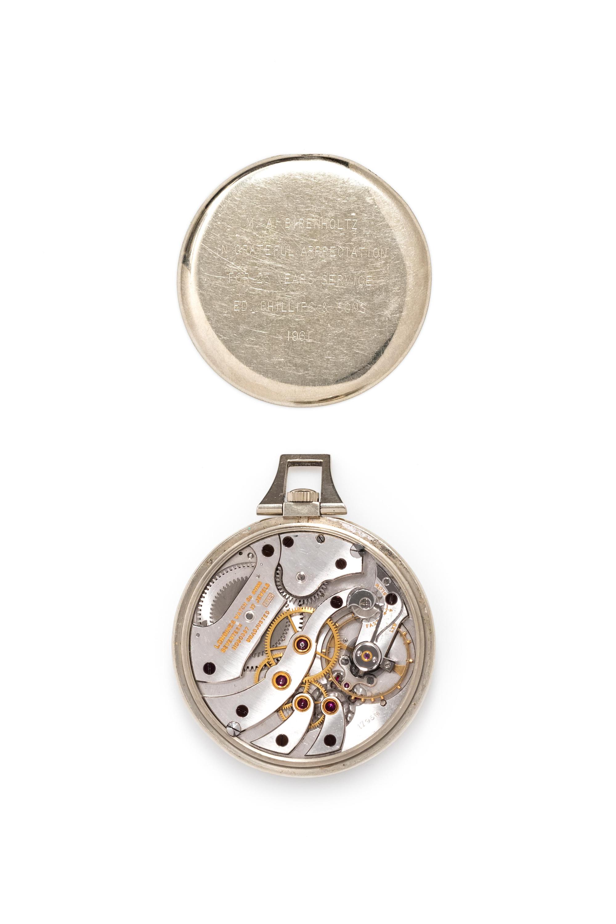 LONGINES, 14K WHITE GOLD AND DIAMOND OPEN FACE POCKET WATCH