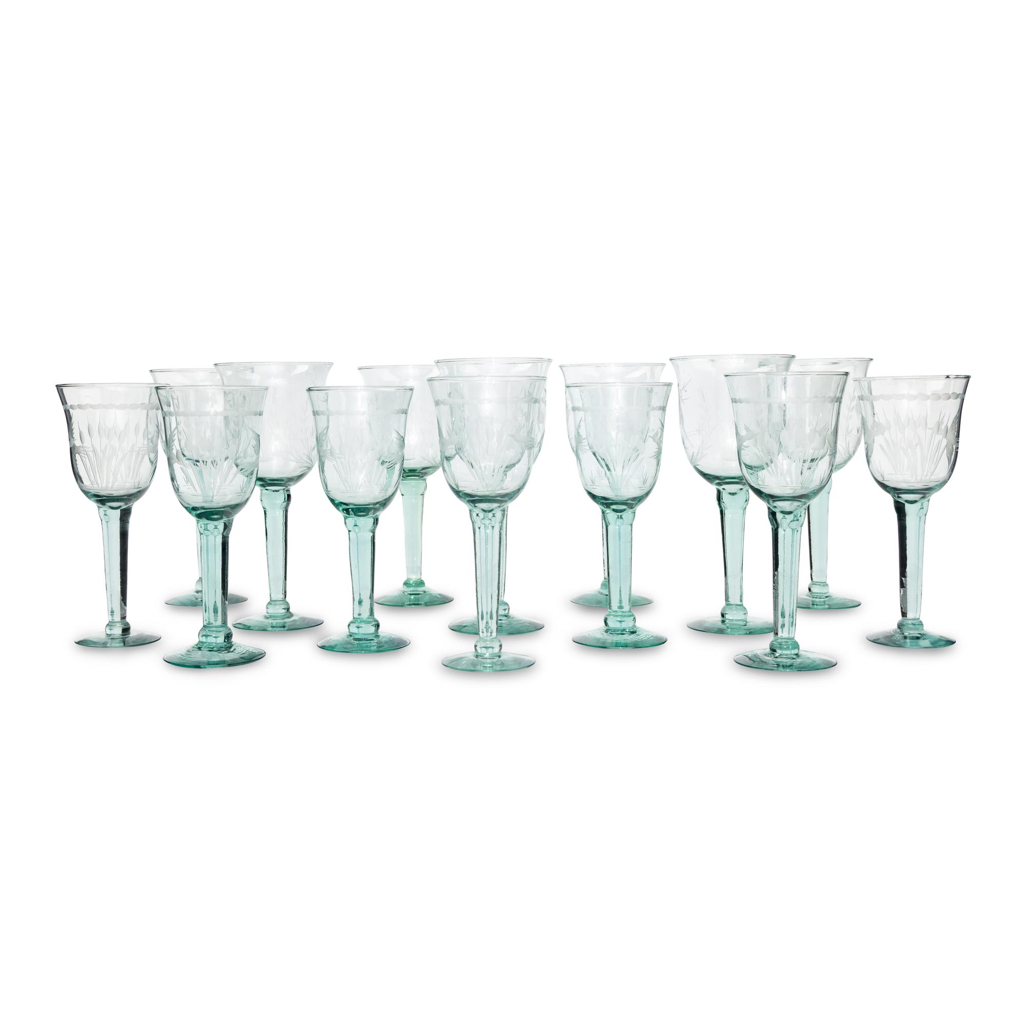 A Set of Etched Green Glass Stemware