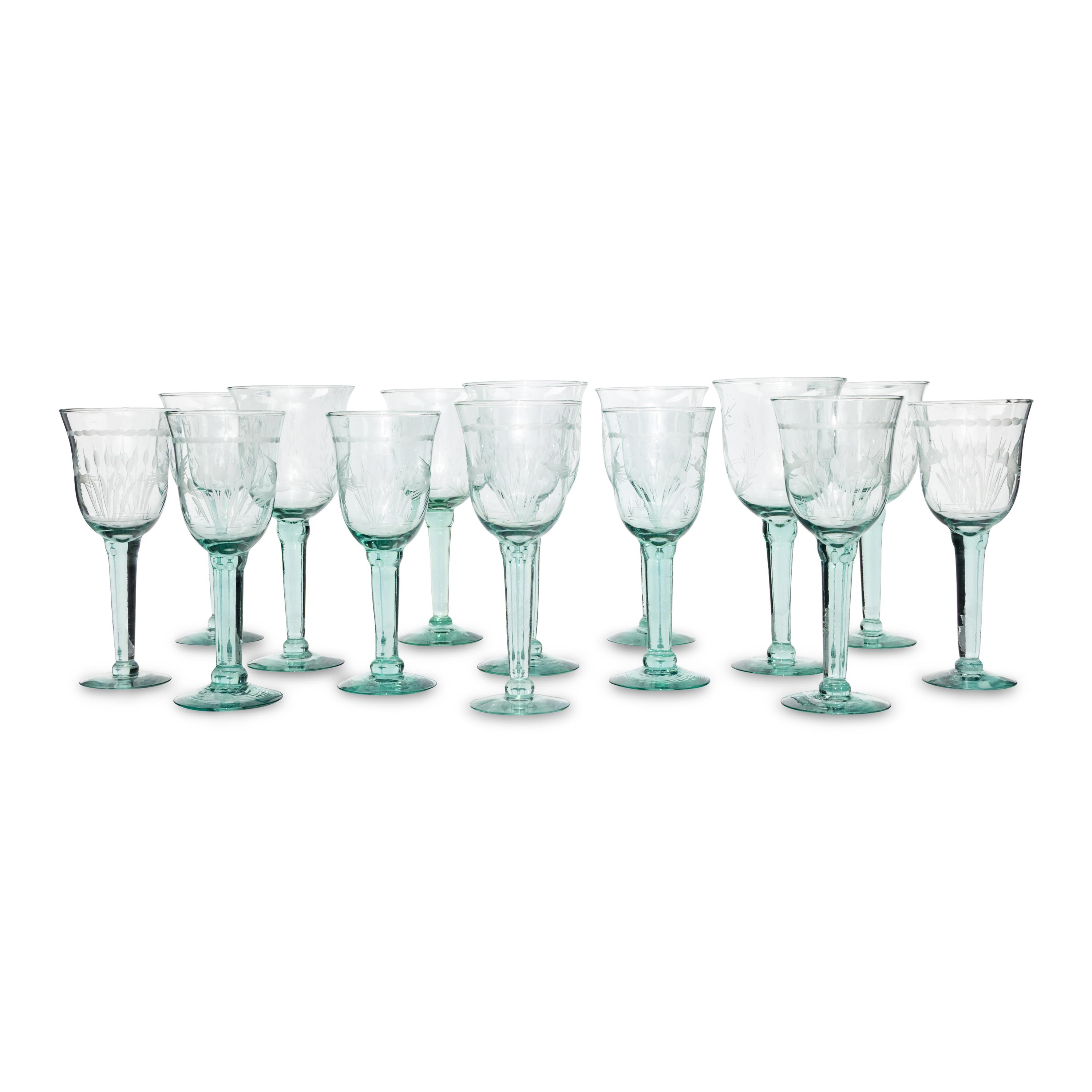 A Set of Etched Green Glass Stemware