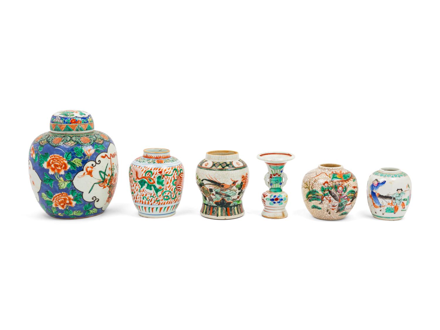 A Group of Six Famille Rose Porcelain Jars