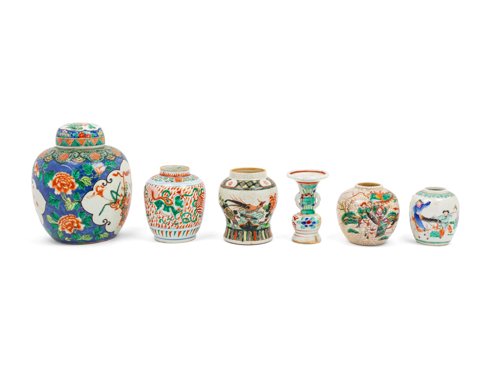 A Group of Six Famille Rose Porcelain Jars