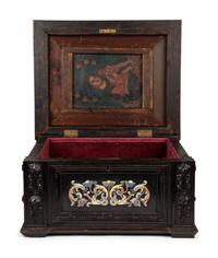 A Continental Baroque Style Hardstone Mounted Ebonized Table Casket