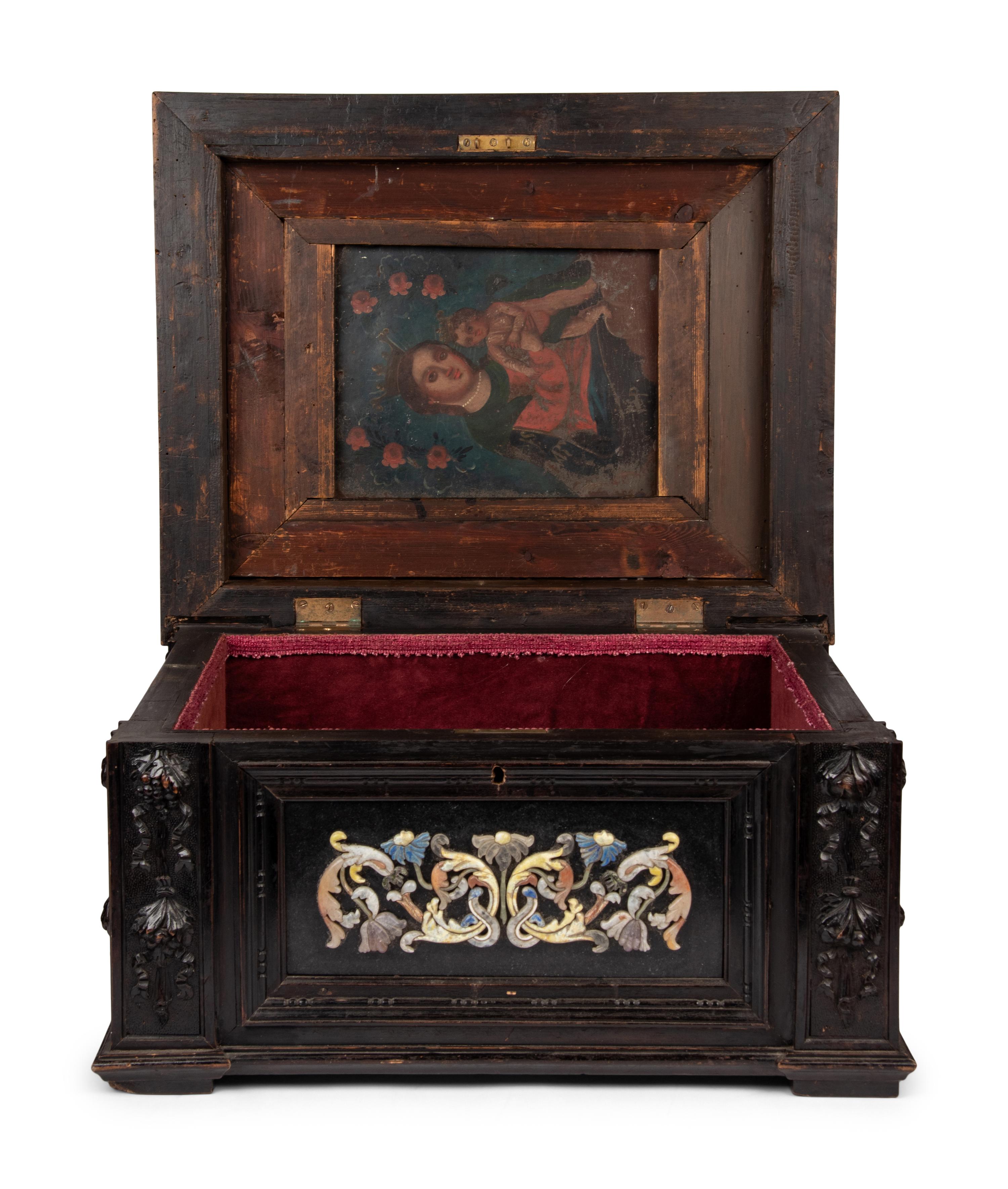 A Continental Baroque Style Hardstone Mounted Ebonized Table Casket
