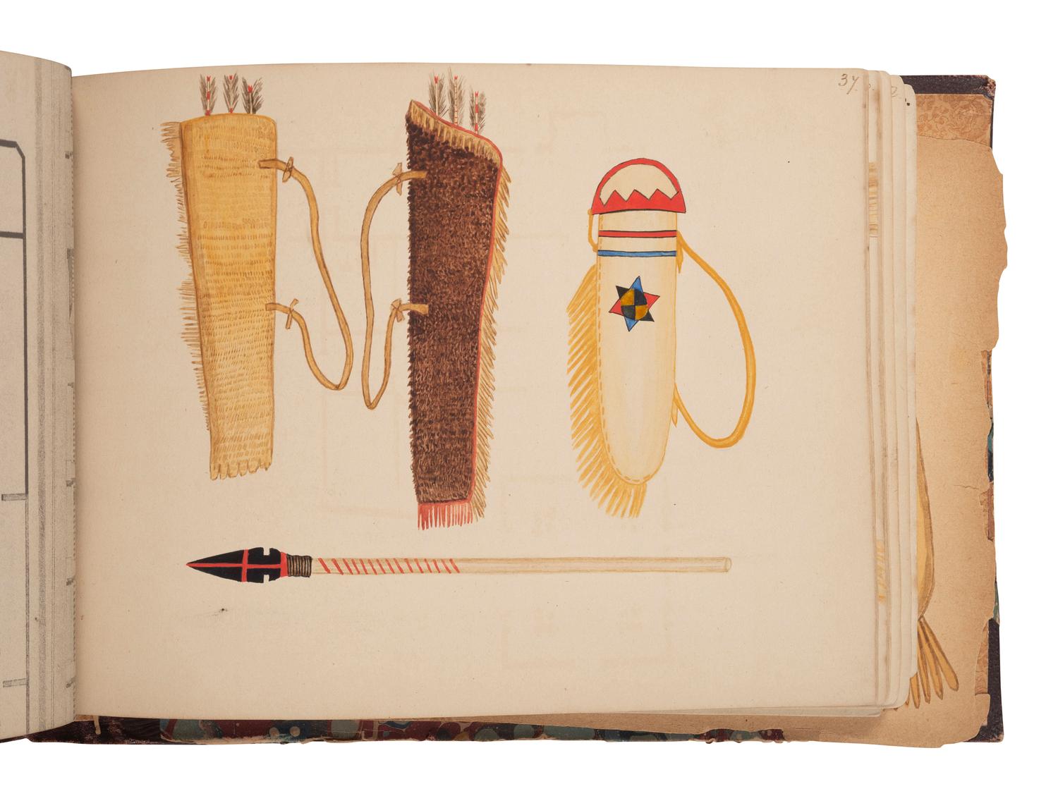 [NATIVE AMERICAN] -- [GOLD RUSH]. An album of watercolor drawings by prospector George V. Storkey (ca 1867-1942) depicting British Columbian Indigenous objects, likely related to the Nlaka’pamux, ca late 1890s-early 1900s.