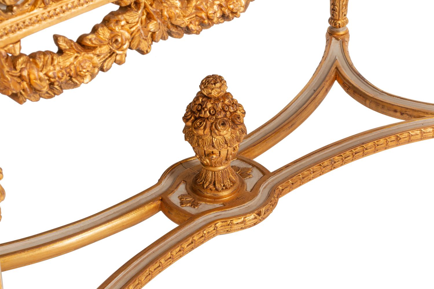 A Pair of Louis XVI Style White Painted and Parcel Gilt Marble-Top Console Tables