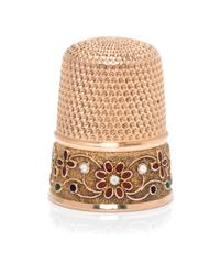 An American 14-Karat Gold and Enamel Thimble, Simons Bros., Philadelphia, PA, the knurled top and body above a polychrome enamel floral