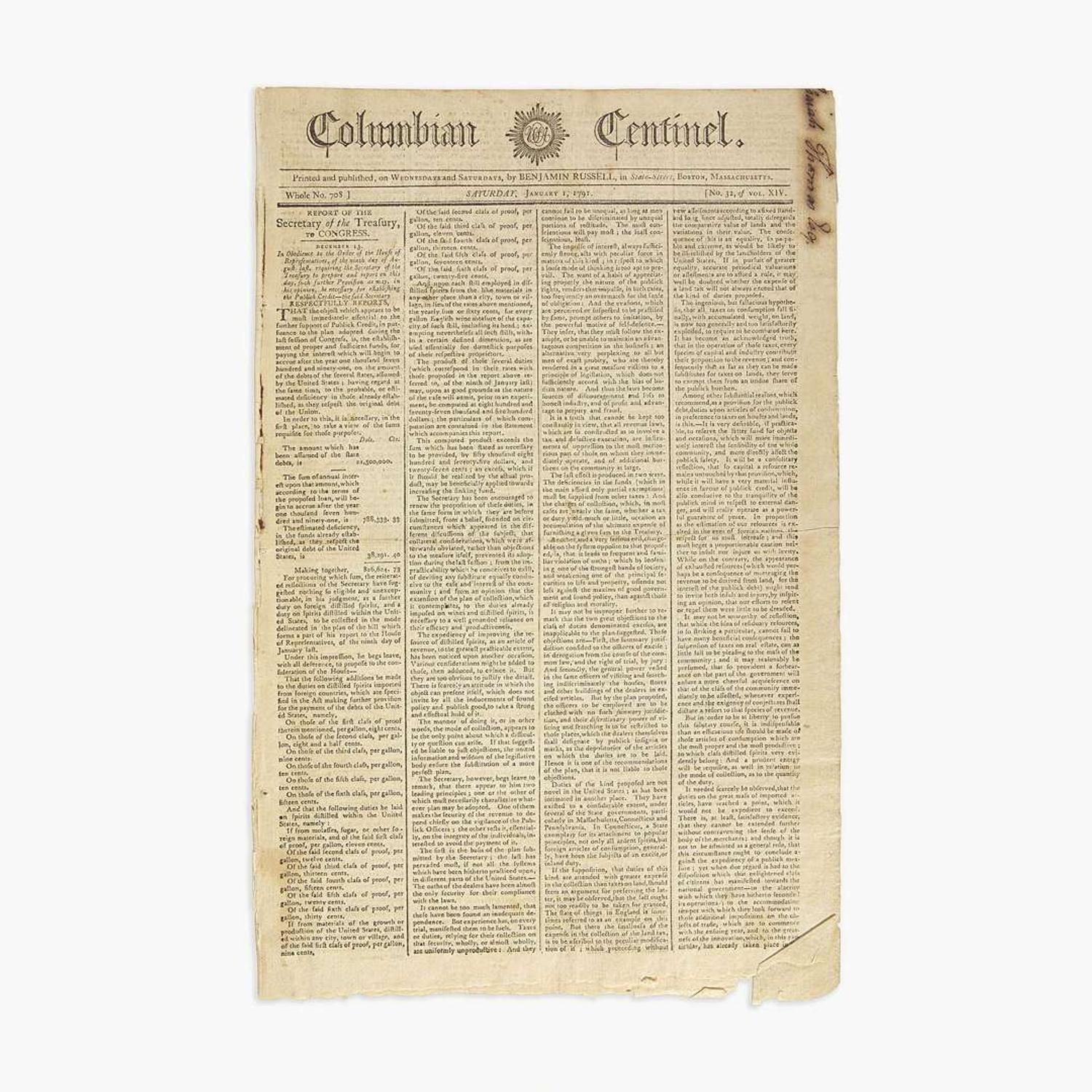 [Hamilton, Alexander] [Public Credit, etc.] Group of 3 Issues of the Columbian Centinel
