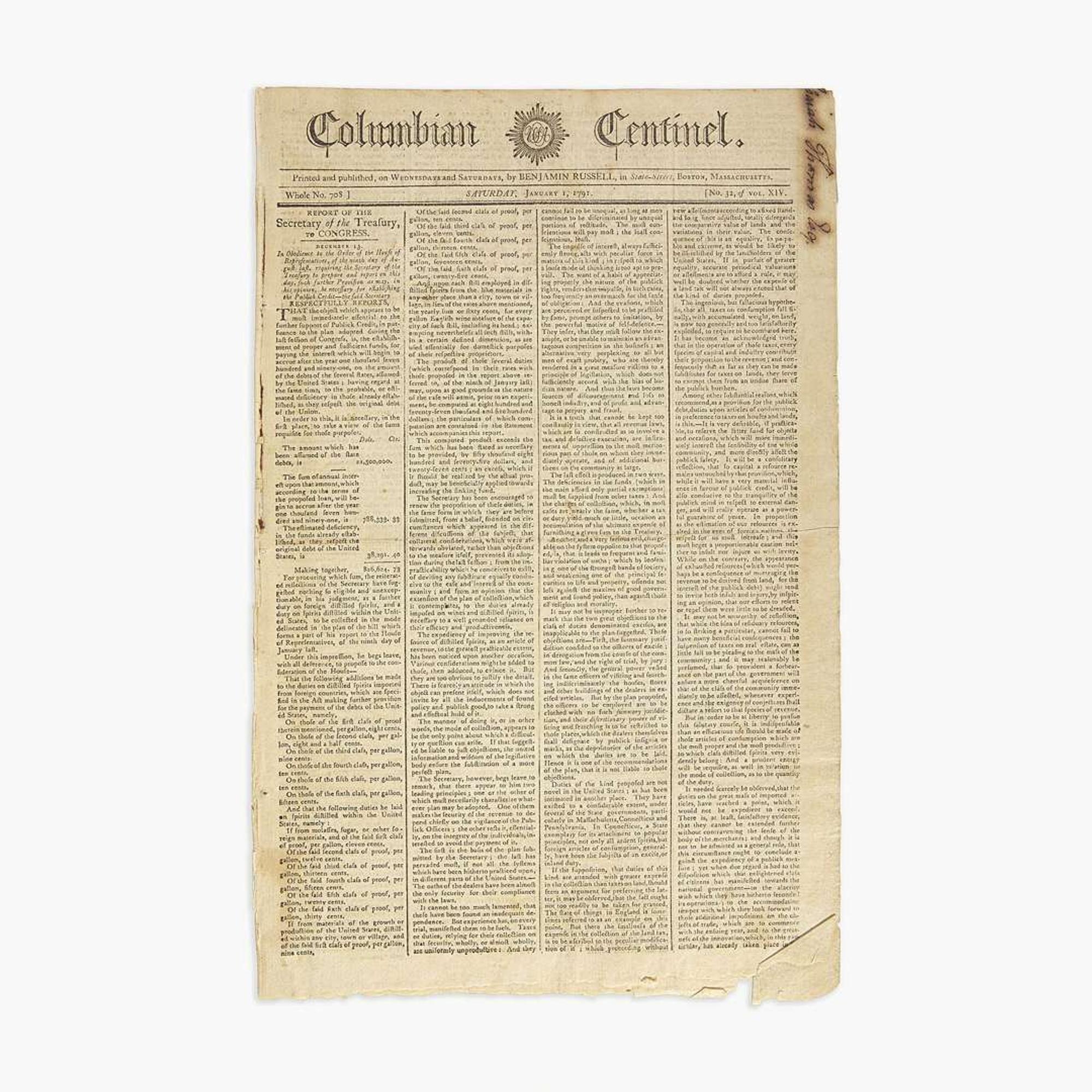 [Hamilton, Alexander] [Public Credit, etc.] Group of 3 Issues of the Columbian Centinel