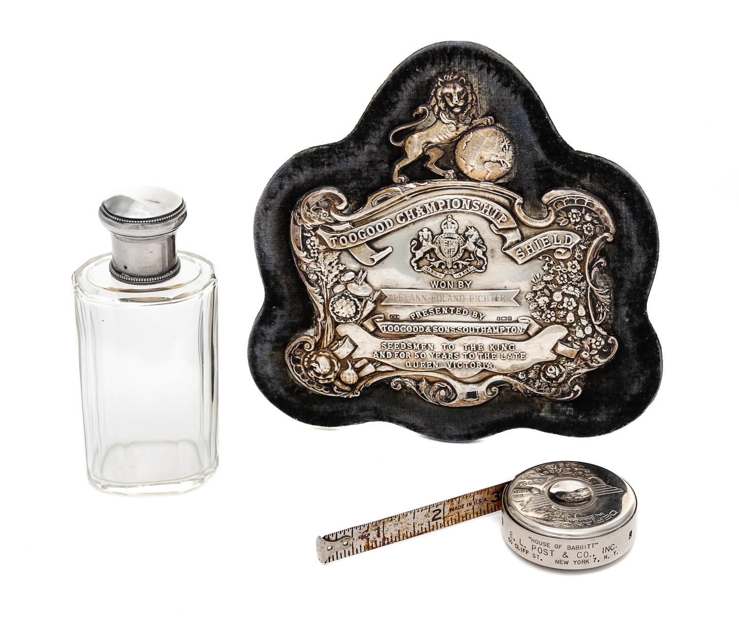 A Group of Three Silver Desk Articles, various makers, comprising an Edwardian silver presentation plaque reading Toogood Championship