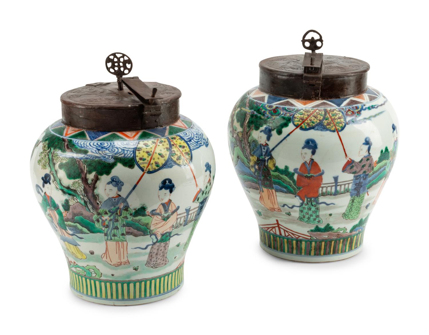 A Pair of Chinese Export Iron Mounted Famille Verte Porcelain Tea Jars