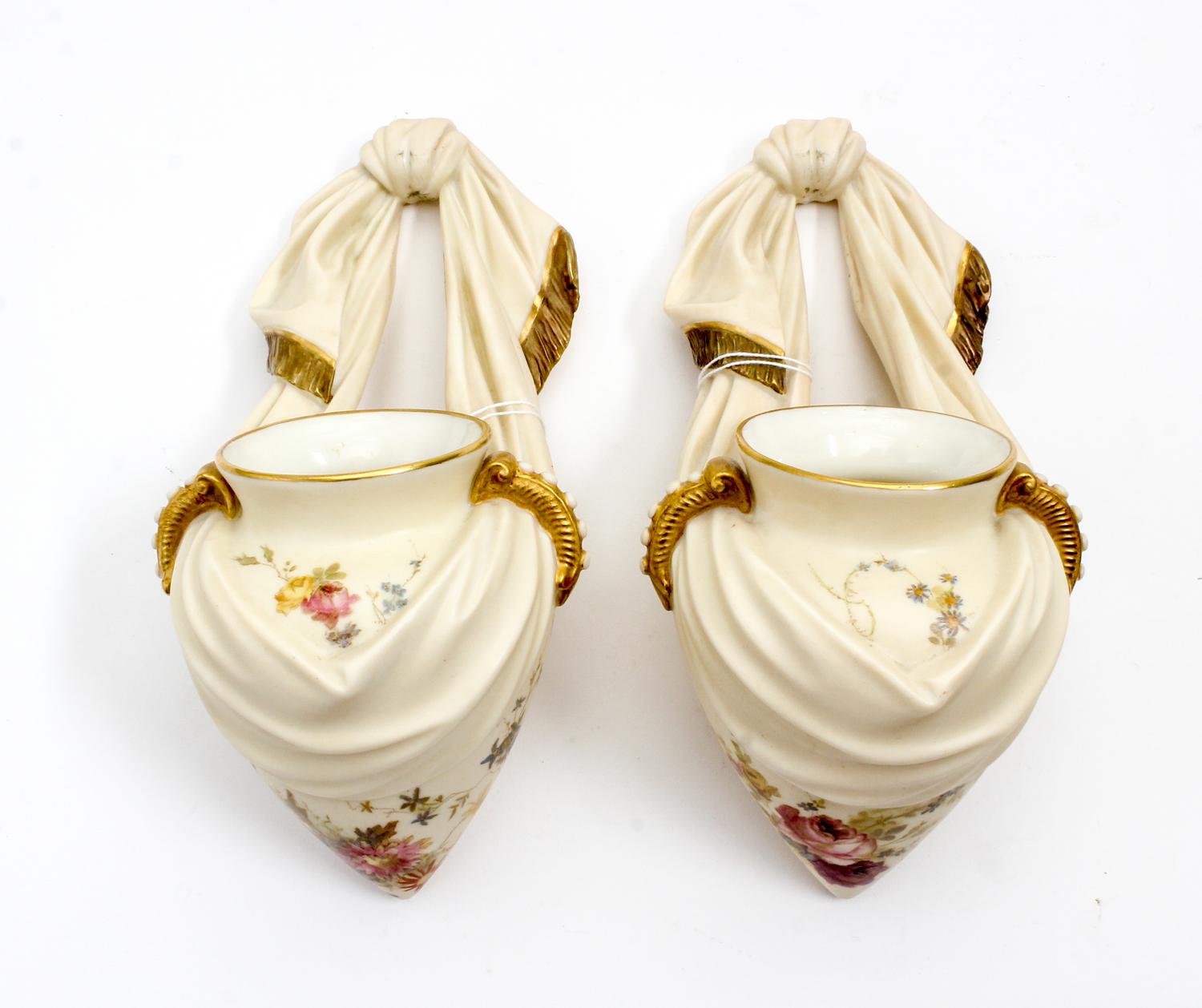 A Pair of Royal Worcester Porcelain Wall Pockets Height 9 1/2 inches. — 1893