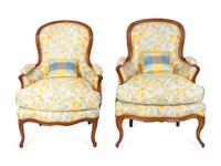 A Pair of Louis XV Style Carved Walnut Bergeres — 19TH CENTURY