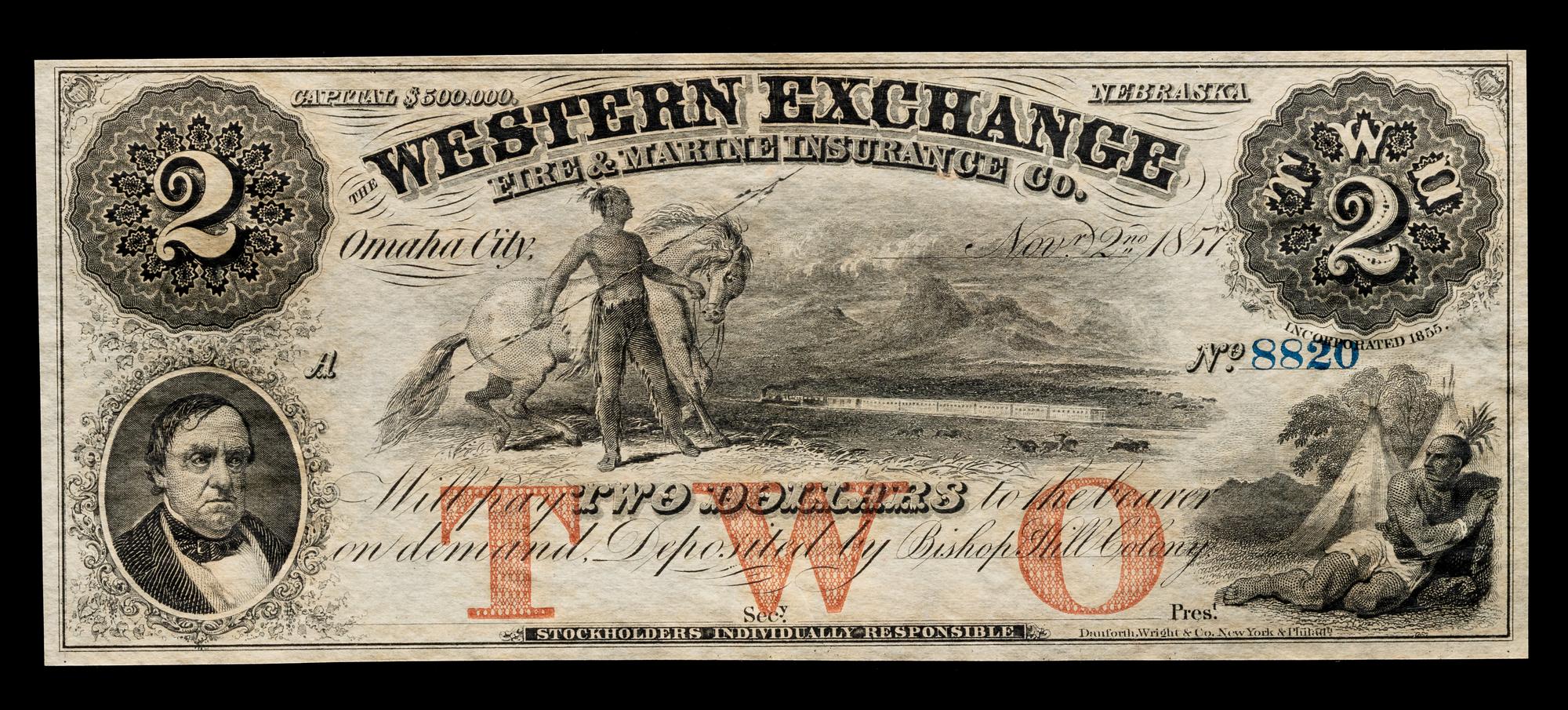 Obsolete $2 Bank Note: The Western Exchange Fire & Insurance Co. — OMAHA CITY, NEBRASKA, CIRCA 1857
