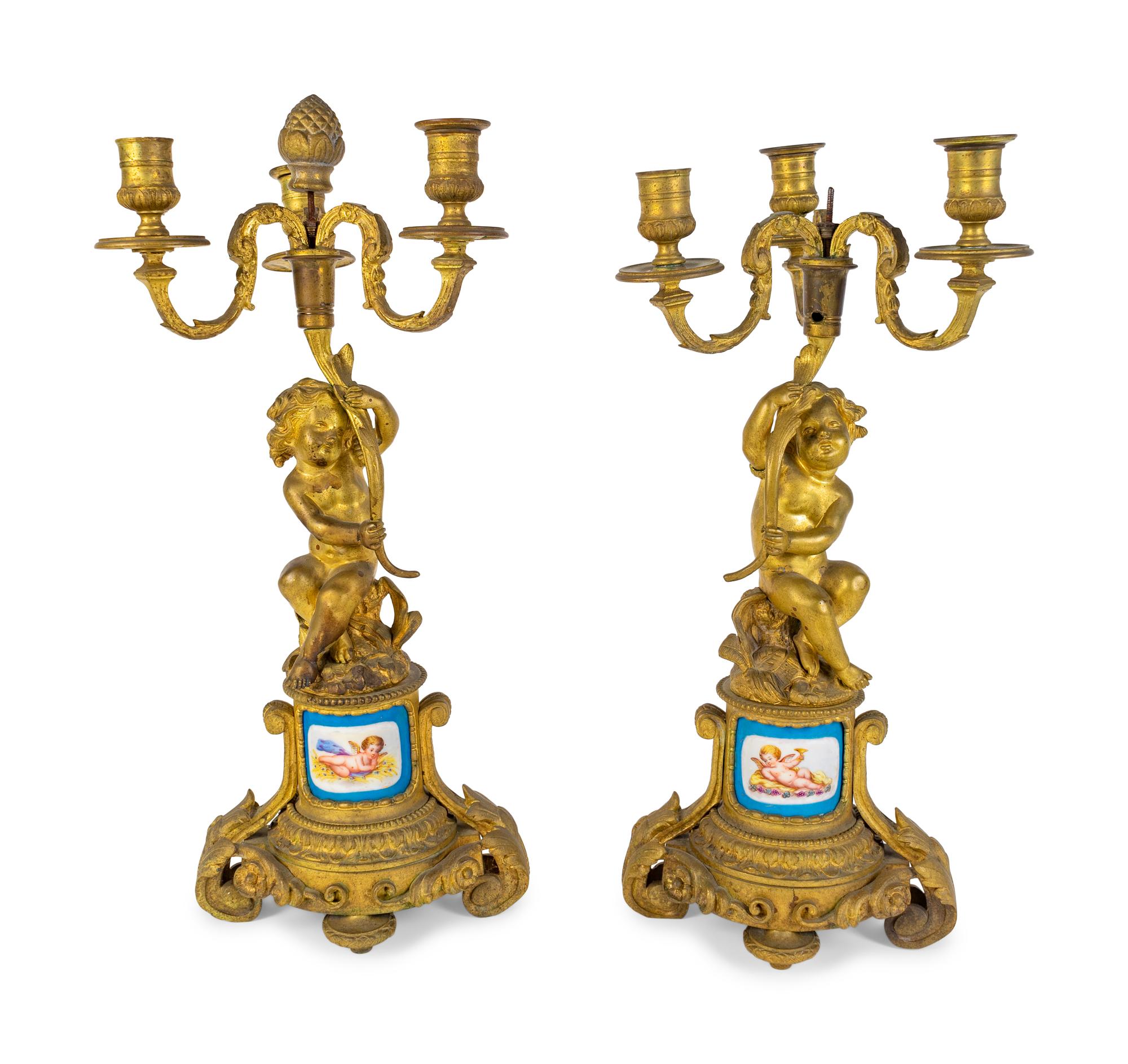 A Pair of Louis XV Style Gilt Bronze Three-Light Candelabrum — 19TH CENTURY