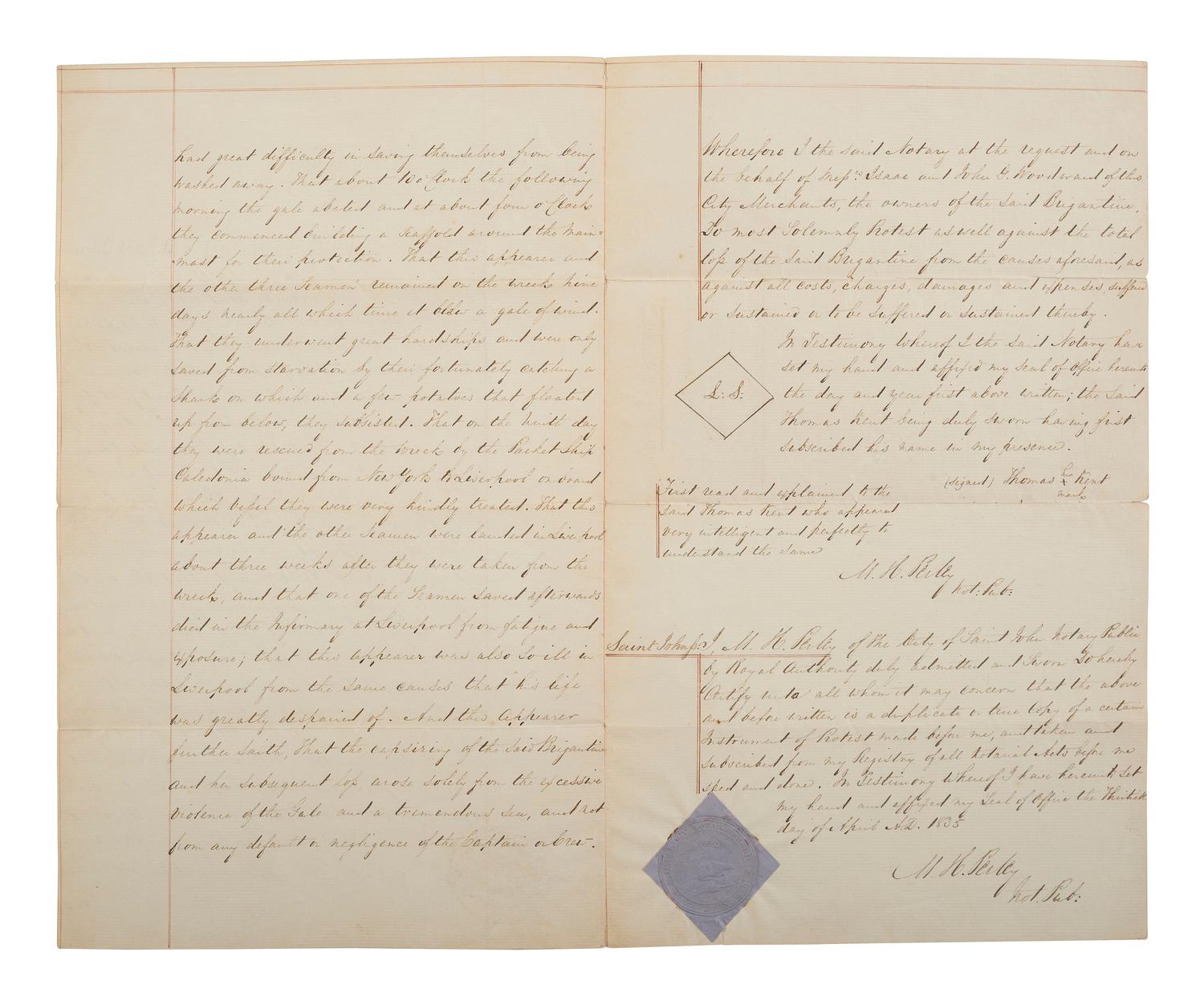 [SHIPWRECKS]. Manuscript testimony (court duplicate) of Thomas Kent, a Black man aboard the brigantine Britannia , wrecked off the coast of New Brunswick, British North America. 24 April 1835.