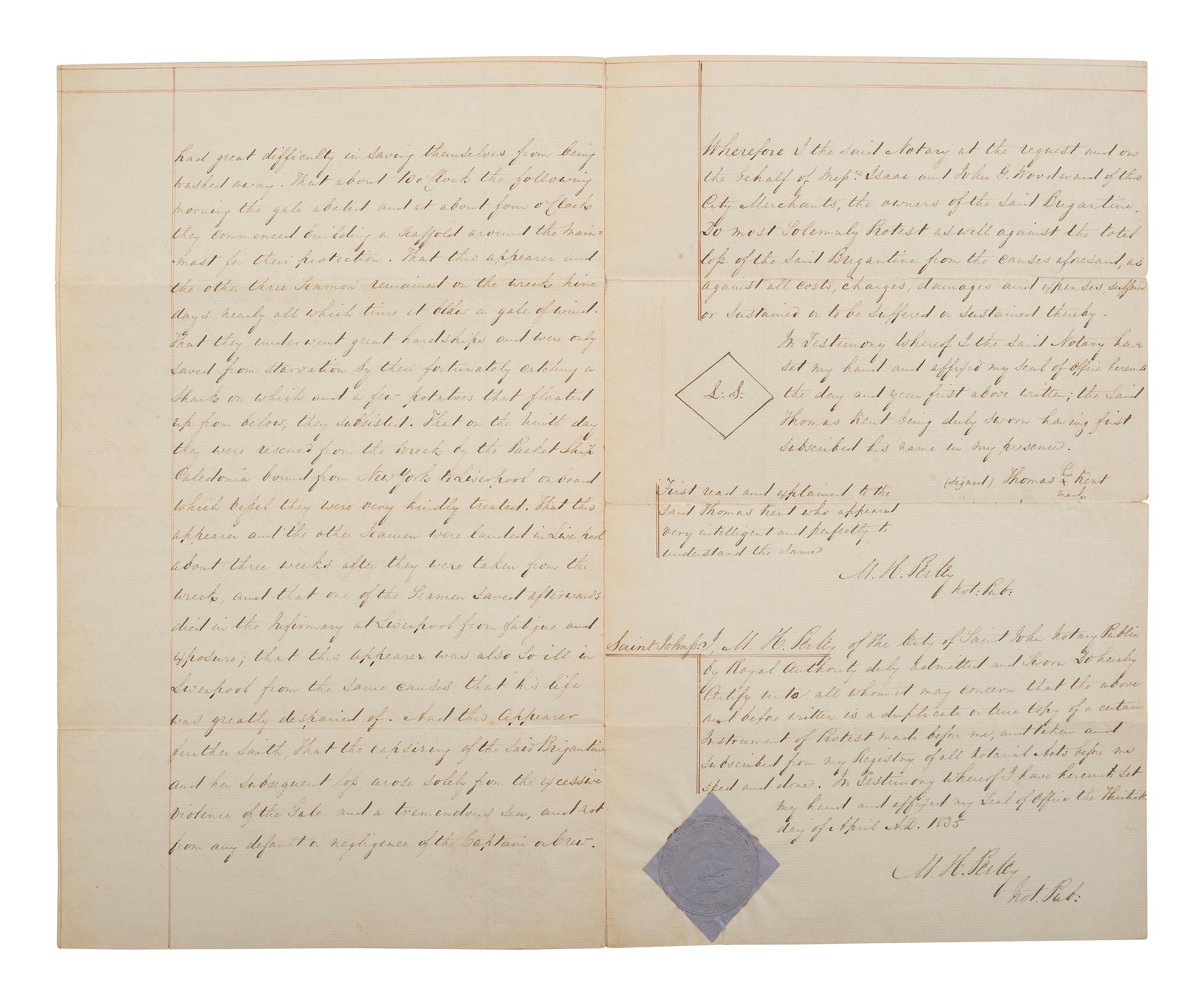 [SHIPWRECKS]. Manuscript testimony (court duplicate) of Thomas Kent, a Black man aboard the brigantine Britannia , wrecked off the coast of New Brunswick, British North America. 24 April 1835.
