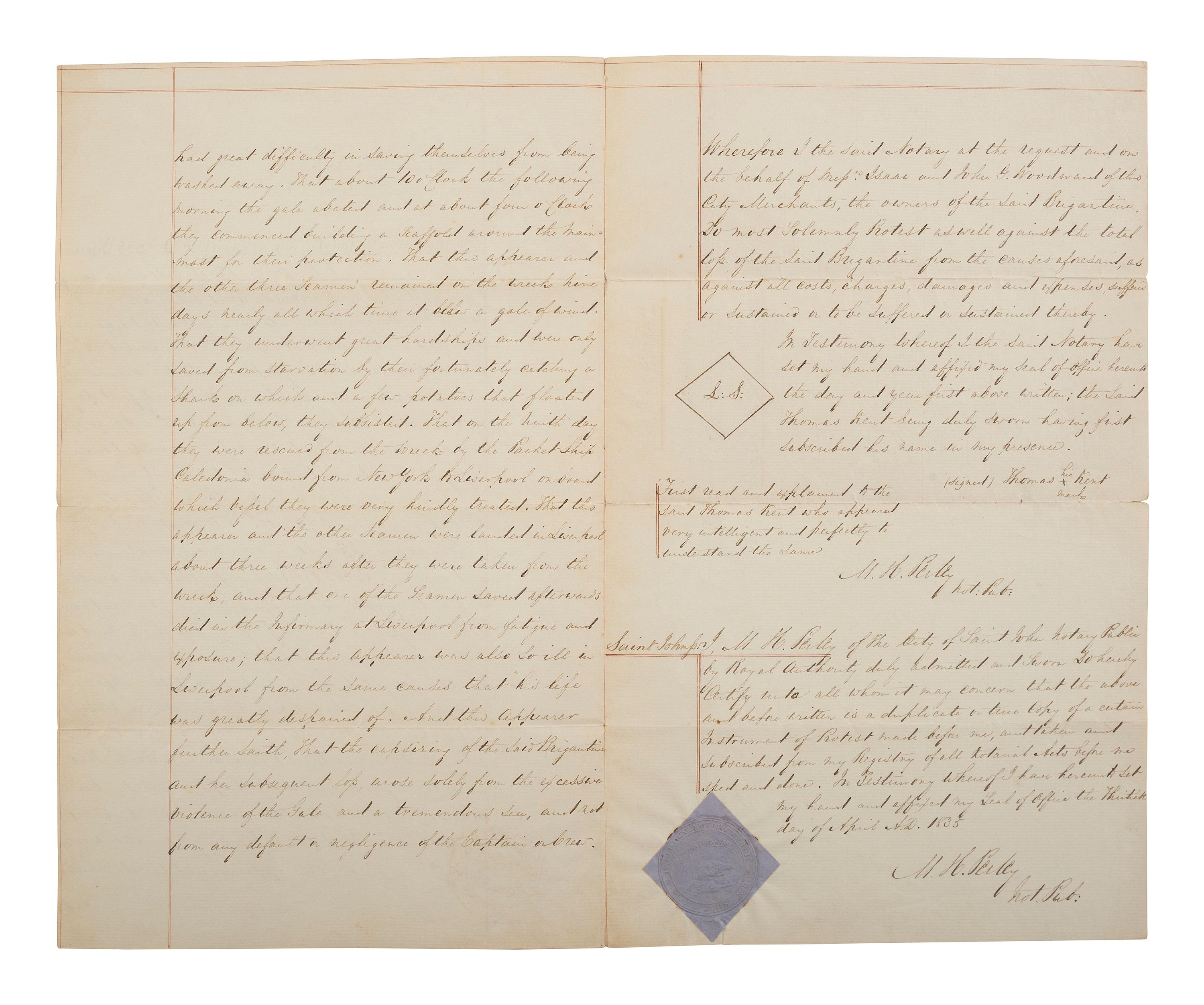 [SHIPWRECKS]. Manuscript testimony (court duplicate) of Thomas Kent, a Black man aboard the brigantine Britannia , wrecked off the coast of New Brunswick, British North America. 24 April 1835.