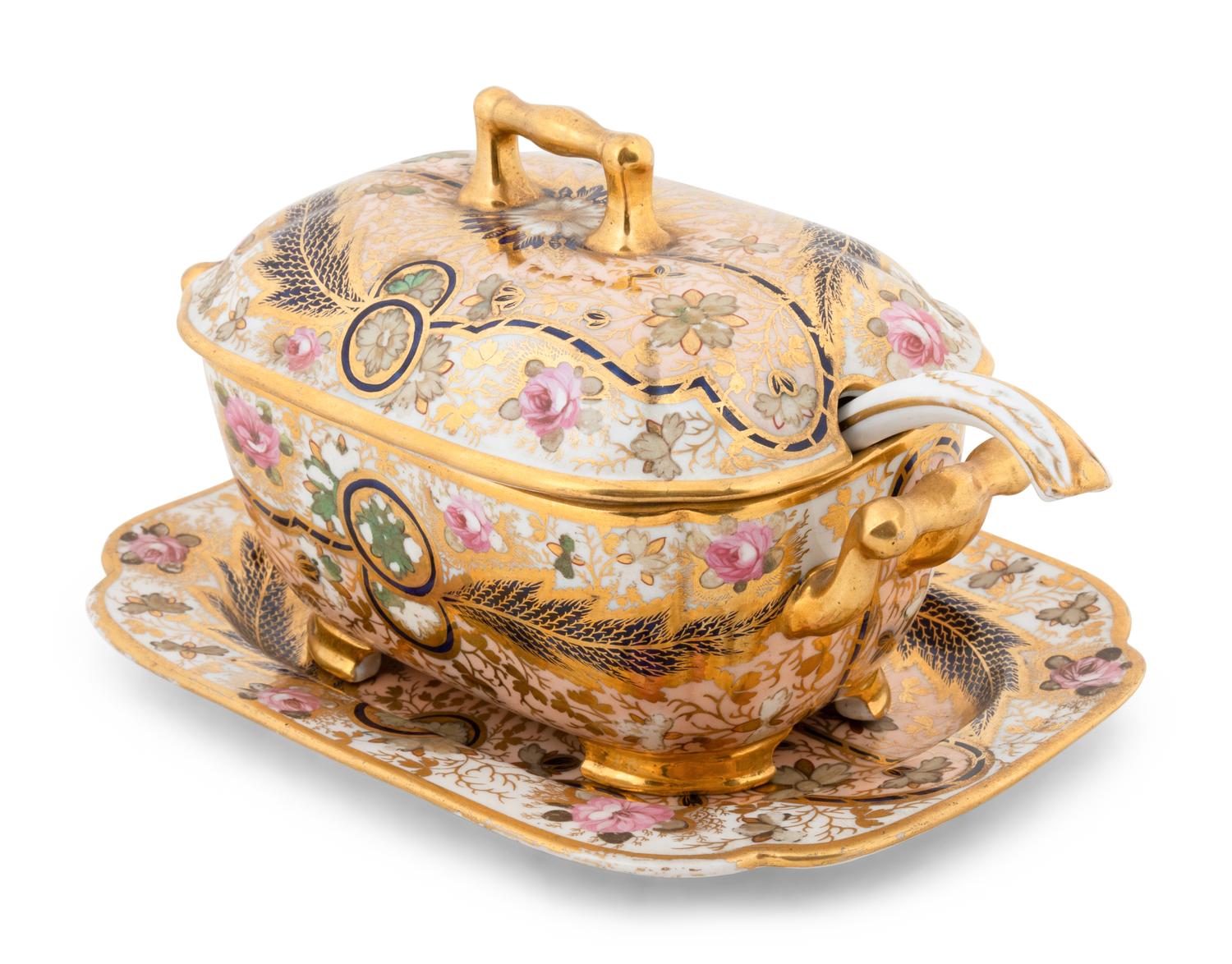 An English Porcelain Parcel-Gilt Sauce Tureen and Tray