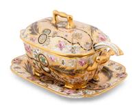 An English Porcelain Parcel-Gilt Sauce Tureen and Tray