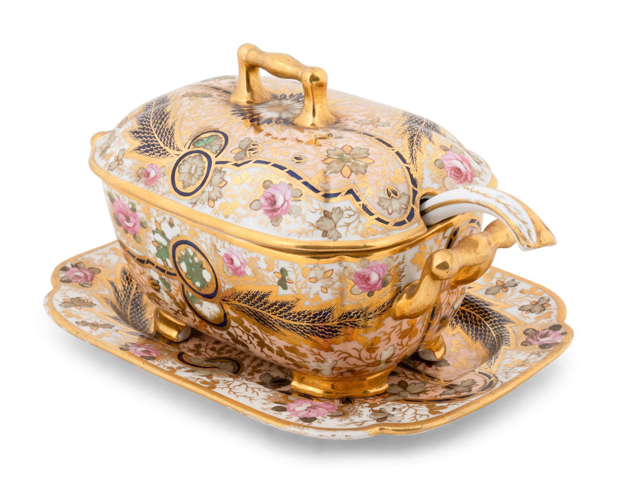 An English Porcelain Parcel-Gilt Sauce Tureen and Tray