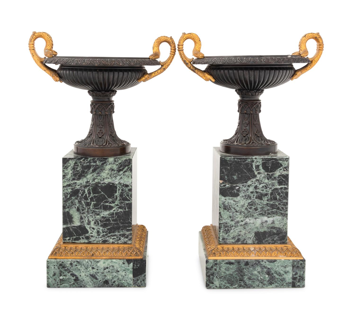 A Pair of Continental Gilt and Patinated Bronze and Marble Urn Ornaments