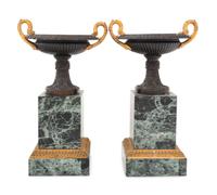 A Pair of Continental Gilt and Patinated Bronze and Marble Urn Ornaments