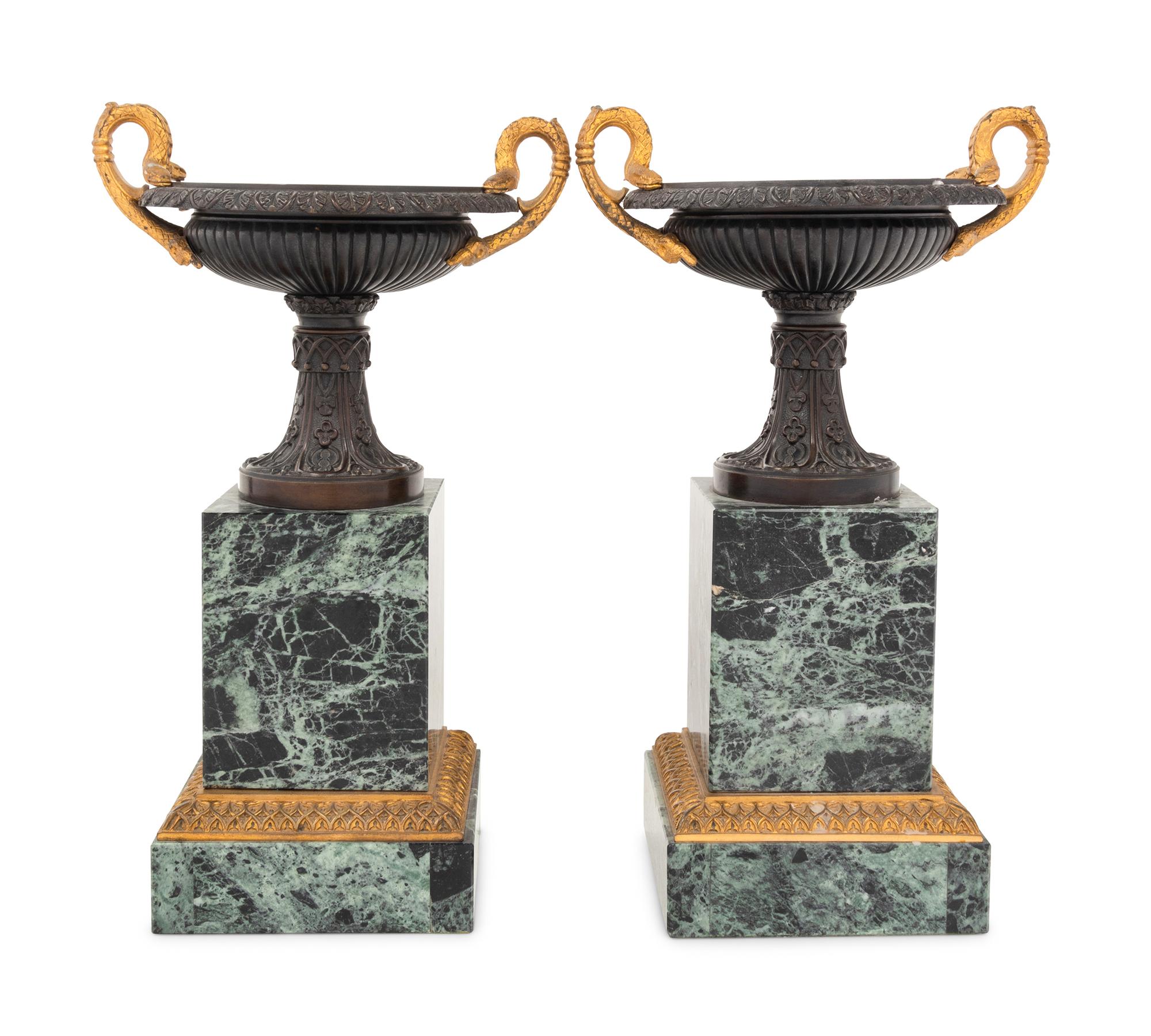 A Pair of Continental Gilt and Patinated Bronze and Marble Urn Ornaments