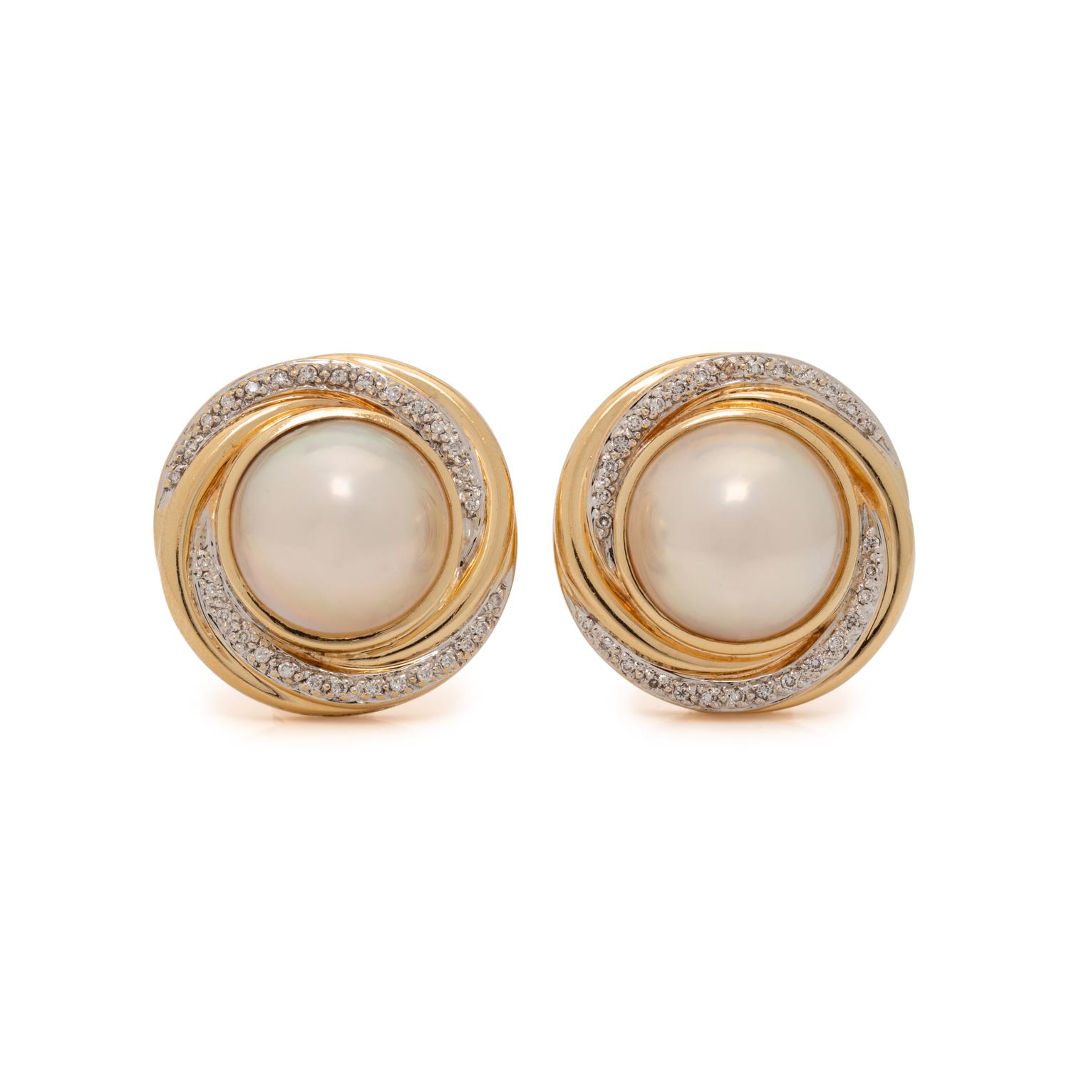 CULTURED MABE PEARL AND DIAMOND EARCLIPS