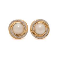 CULTURED MABE PEARL AND DIAMOND EARCLIPS