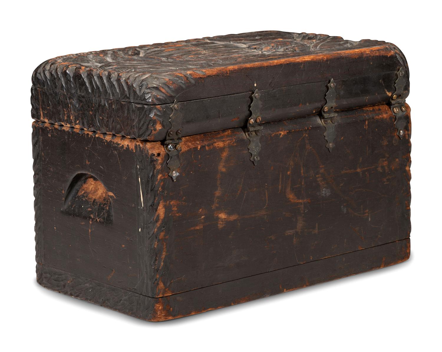 A Folk Art Carved and Stained Pine Tea or Tobacco Storage Box