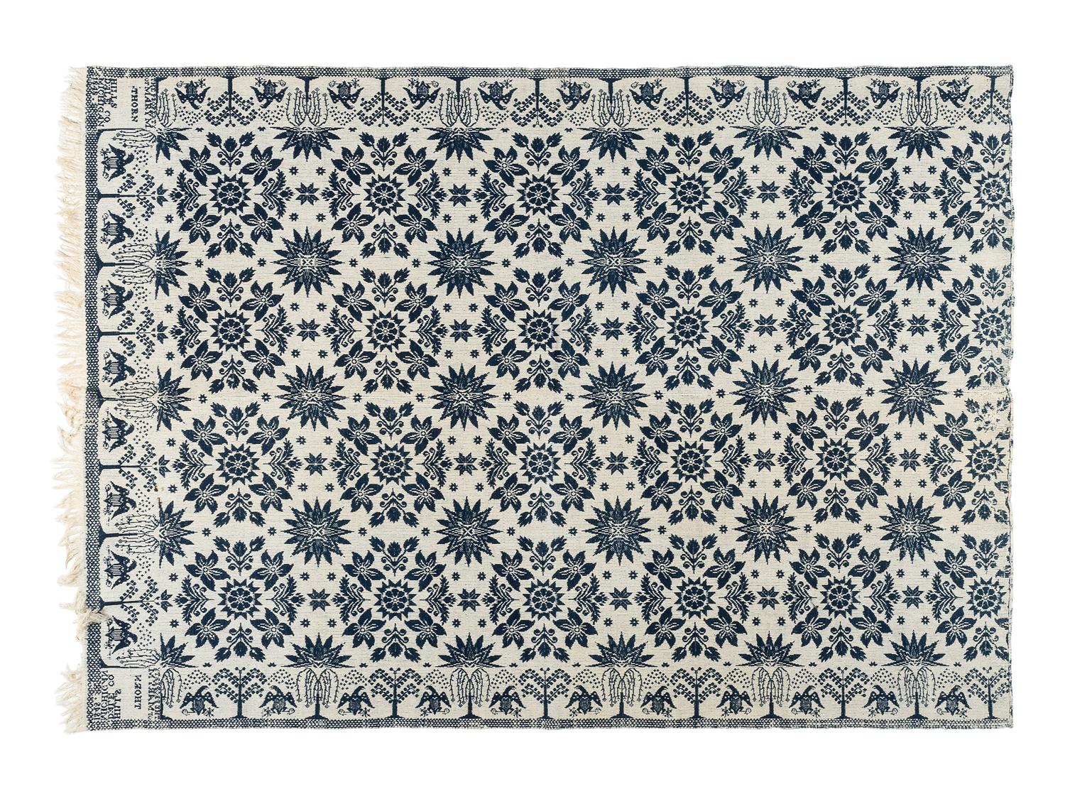 A Rare Blue and White Jacquard Pieced Coverlet, Made for Mary M. Thorn