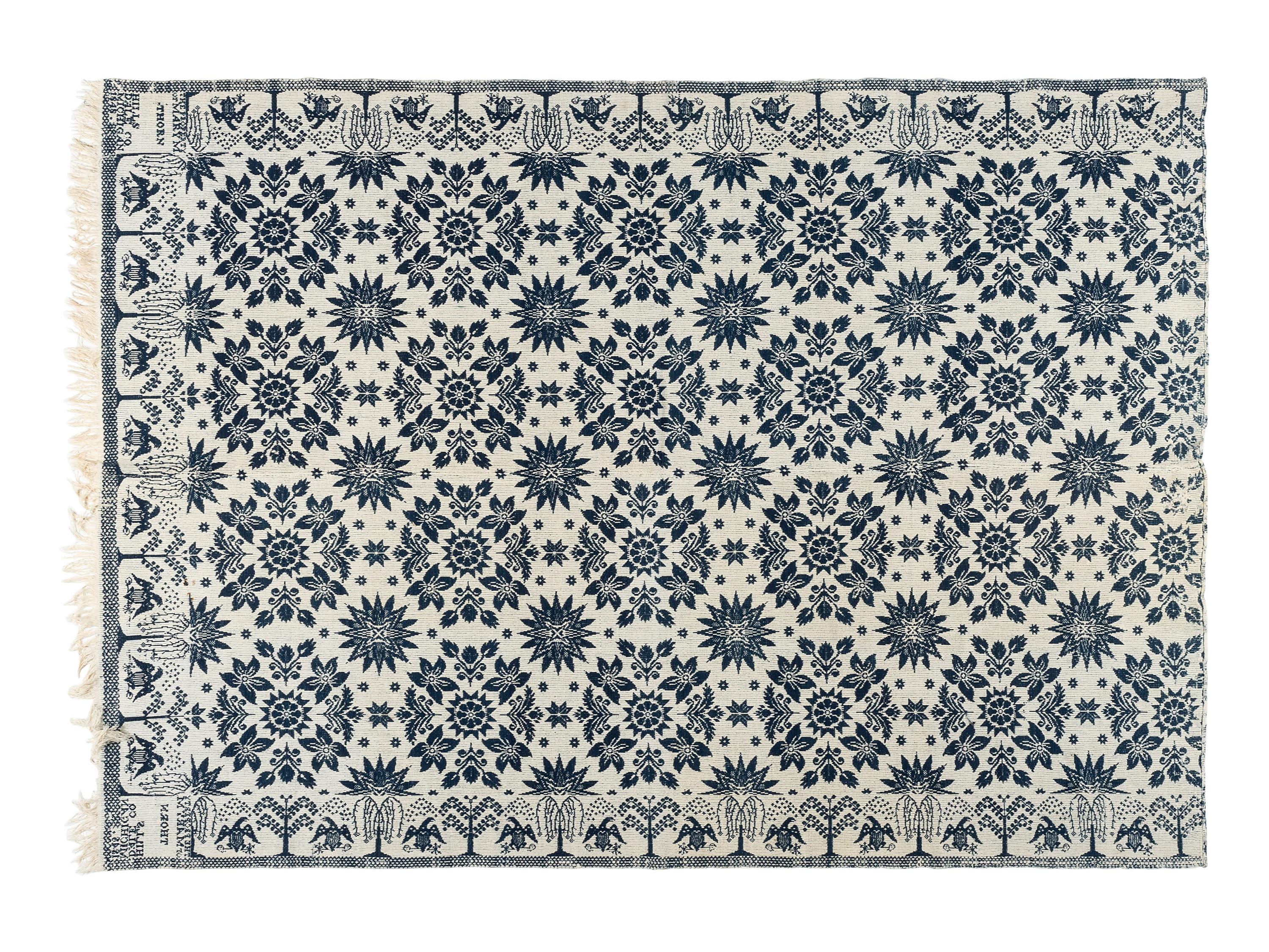 A Rare Blue and White Jacquard Pieced Coverlet, Made for Mary M. Thorn