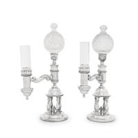 A Pair of Sheffield Silver-Plate and Cut-Glass Argand Lamps