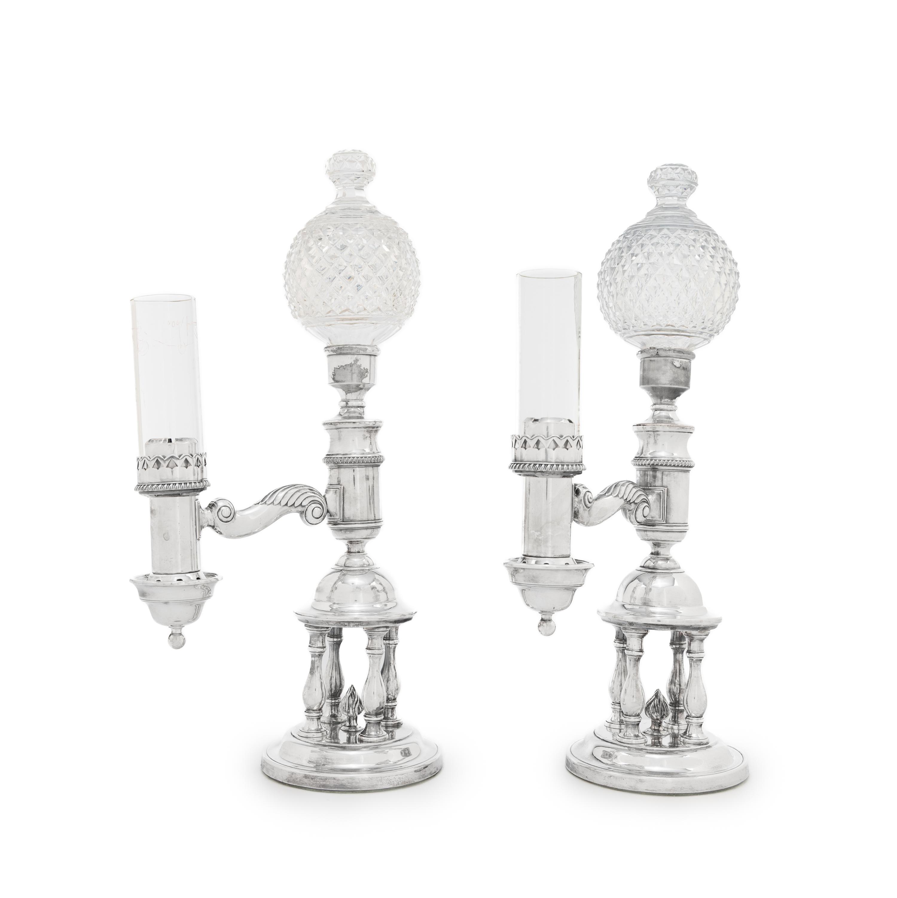 A Pair of Sheffield Silver-Plate and Cut-Glass Argand Lamps