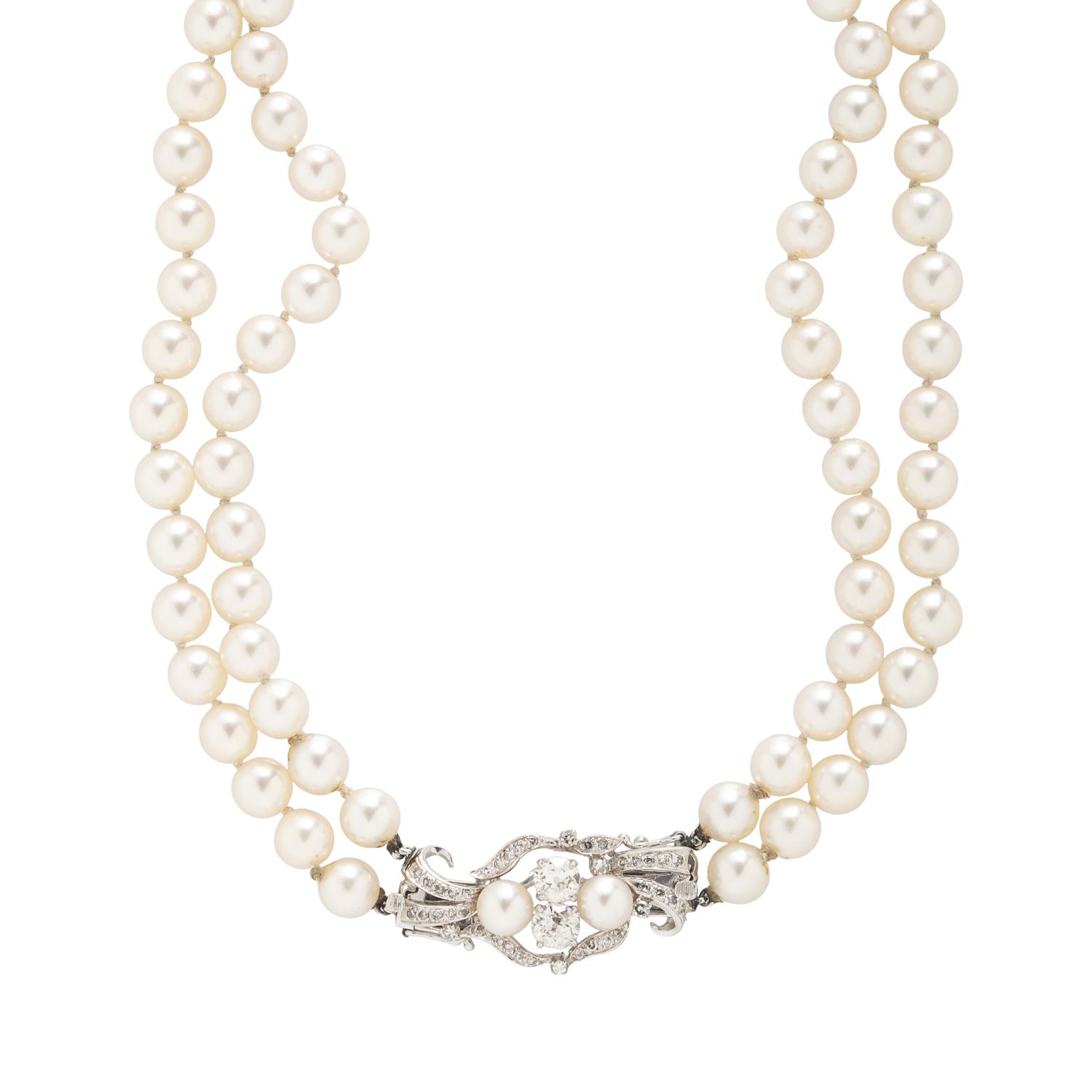 DOUBLE STRAND CULTURED PEARL AND DIAMOND NECKLACE