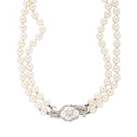 DOUBLE STRAND CULTURED PEARL AND DIAMOND NECKLACE