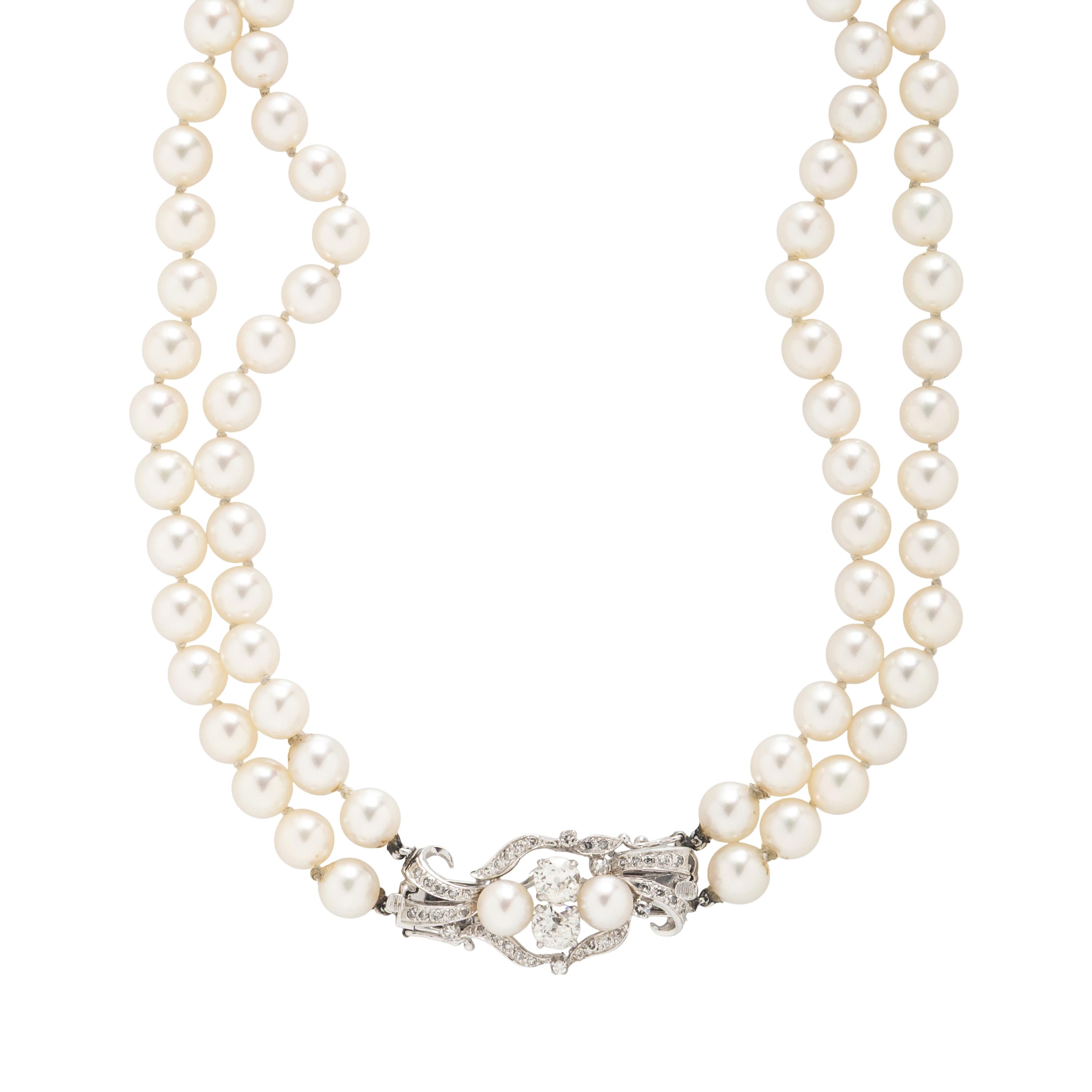 DOUBLE STRAND CULTURED PEARL AND DIAMOND NECKLACE