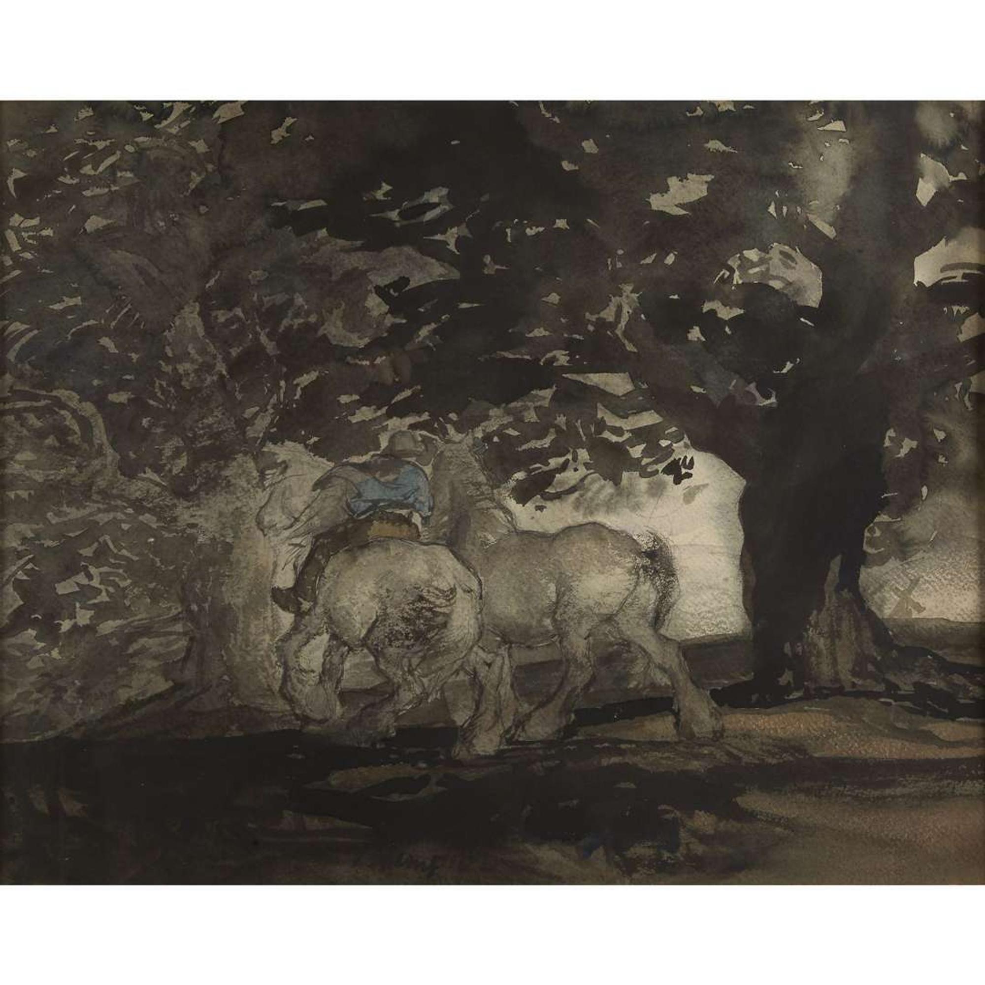 EDMUND BLAMPIED (BRITISH 1886–1966) HORSES IN A WOODLAND LANDSCAPE