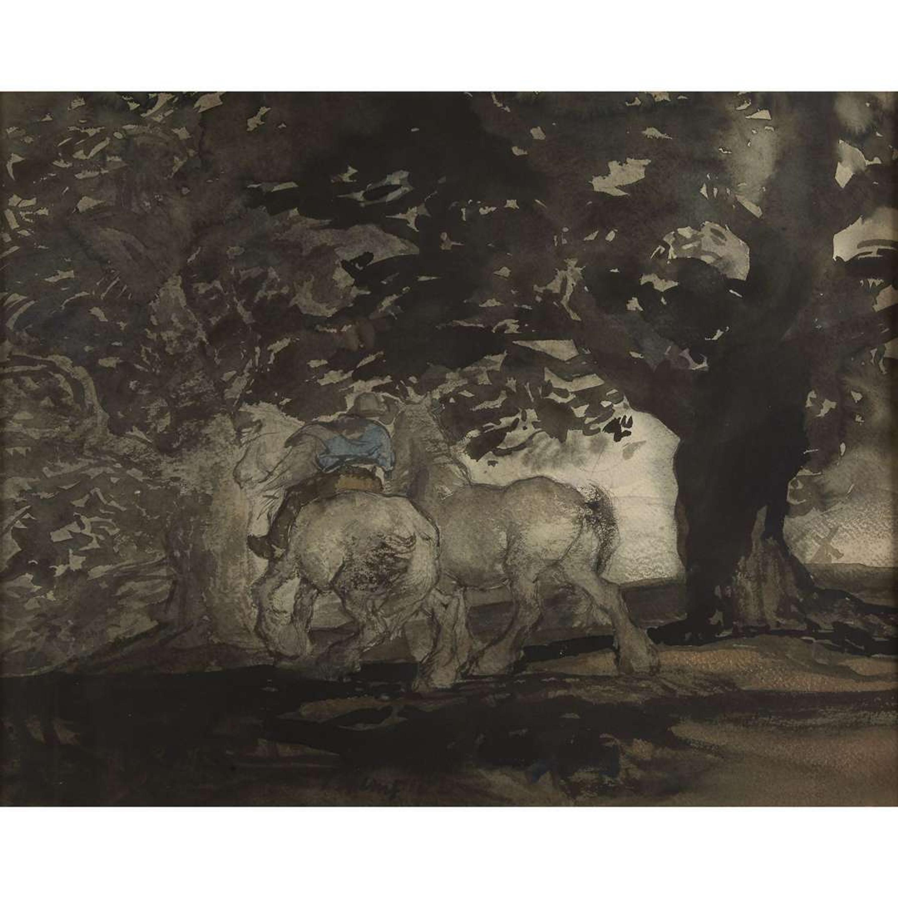 EDMUND BLAMPIED (BRITISH 1886–1966) HORSES IN A WOODLAND LANDSCAPE