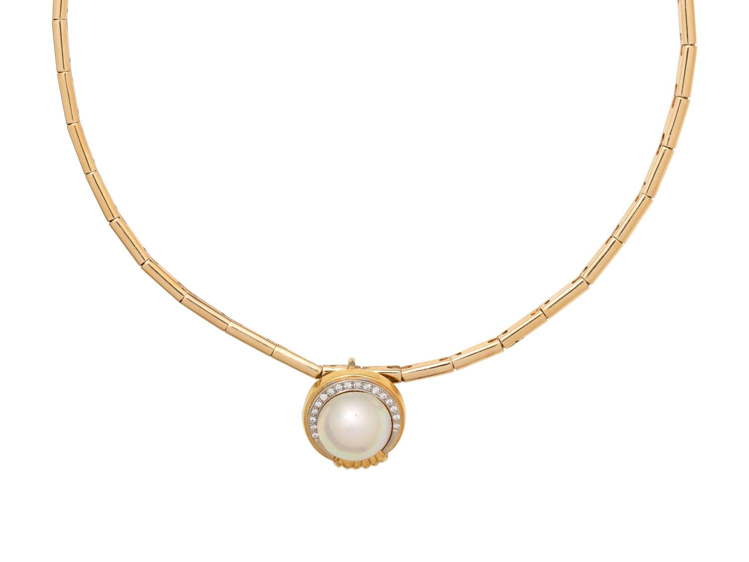 YELLOW GOLD, CULTURED MABE PEARL AND DIAMOND PENDANT/NECKLACE