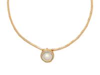 YELLOW GOLD, CULTURED MABE PEARL AND DIAMOND PENDANT/NECKLACE