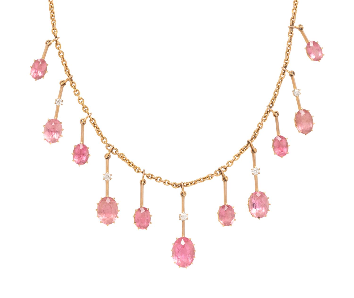 YELLOW GOLD, PINK TOURMALINE AND DIAMOND FRINGE NECKLACE