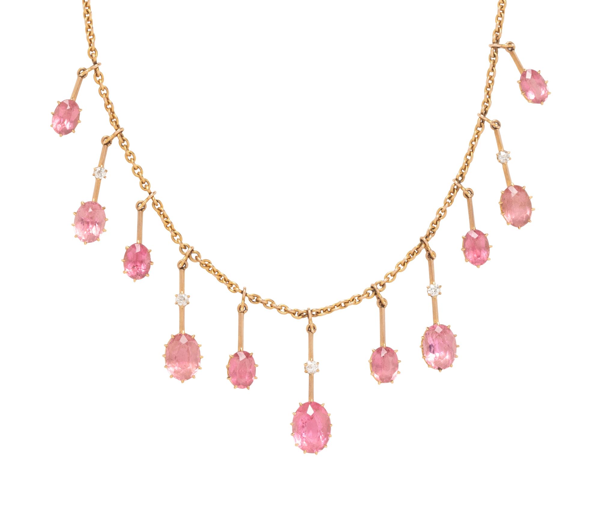 YELLOW GOLD, PINK TOURMALINE AND DIAMOND FRINGE NECKLACE
